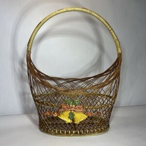 Vintage Decorative Wicker Basket Holly Berry And Bell Adornment
